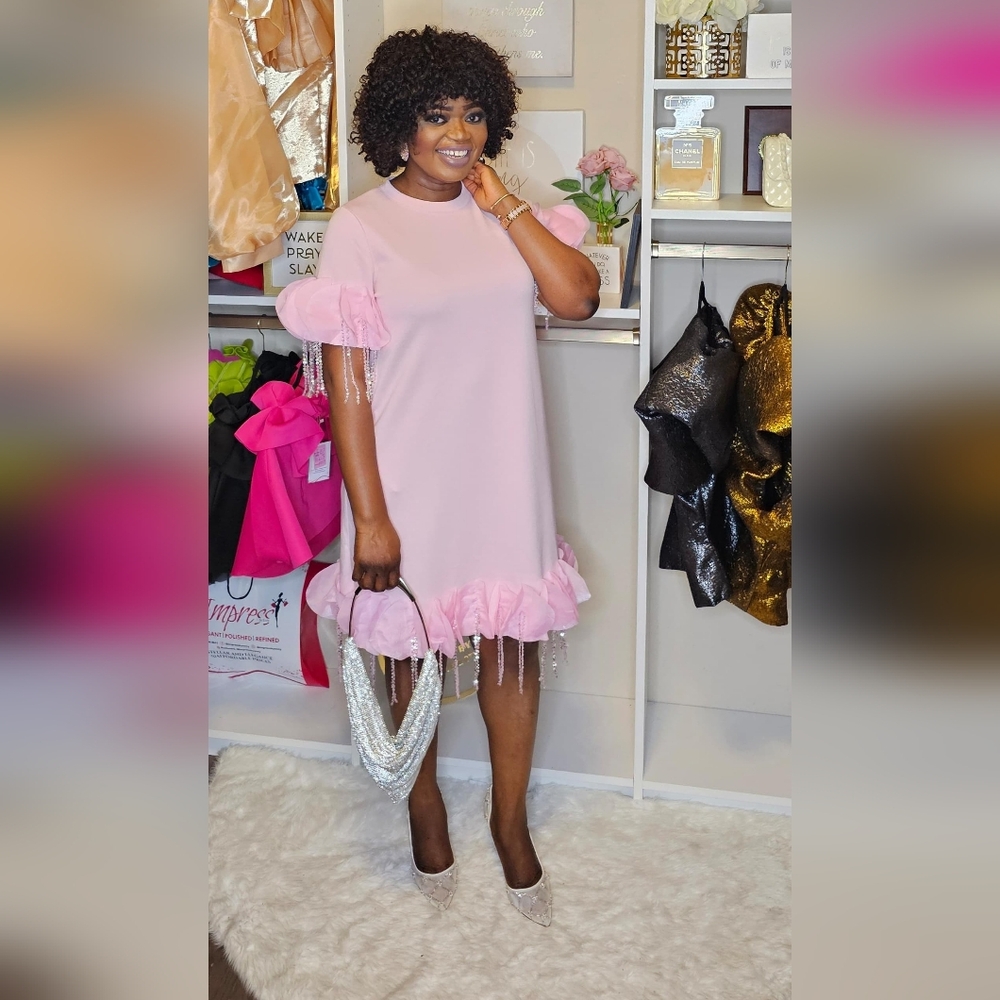 Puff Sleeve Dress with Beaded Fringe